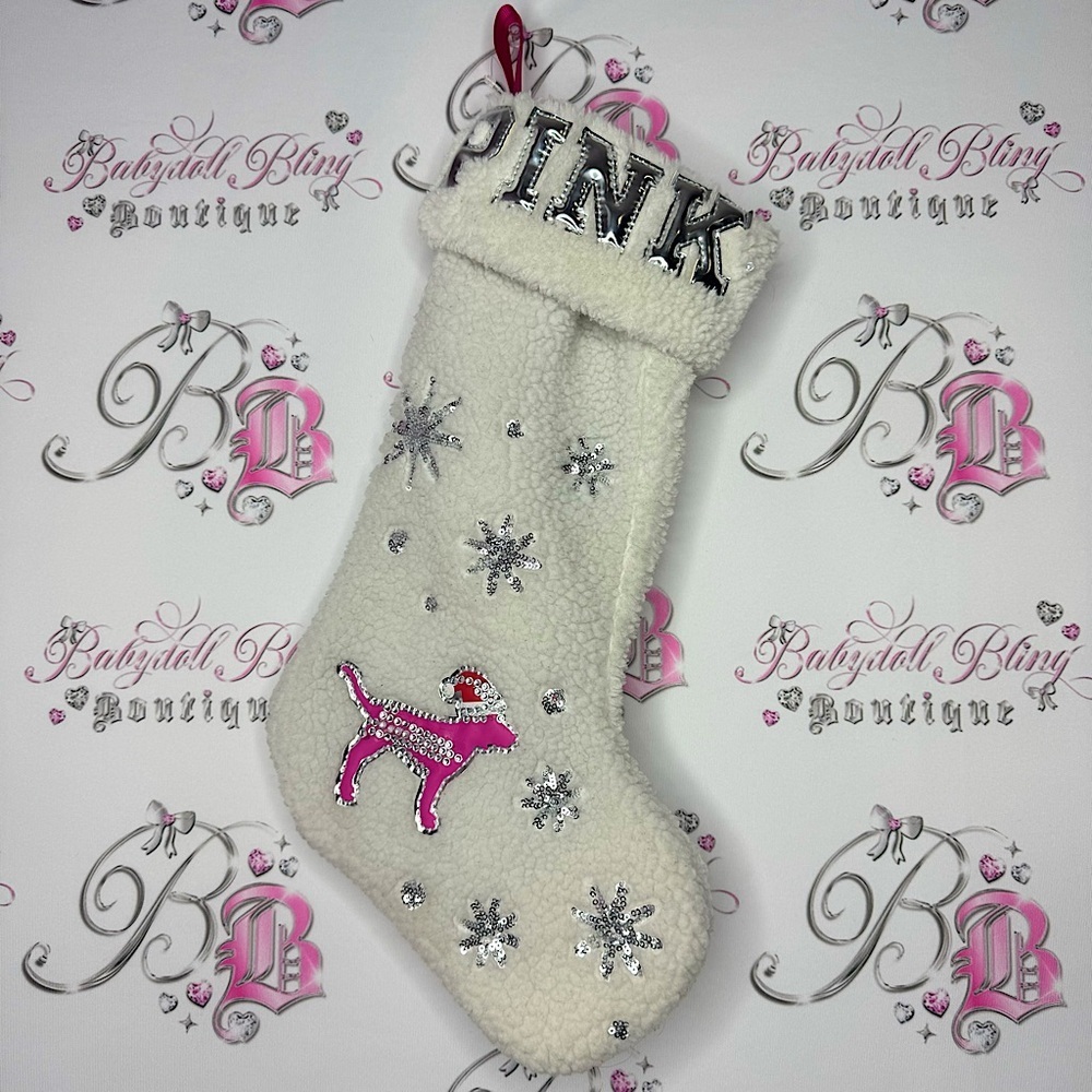 Victoria secret pink stocking Christmas Sherpa 2019 bling diamonds dog rare Xmas